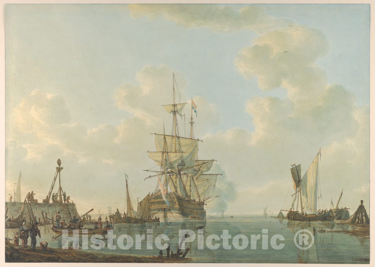 Art Print : Johannes Christiaan Schotel - A Man O'War Lying at Anchor : Vintage Wall Art