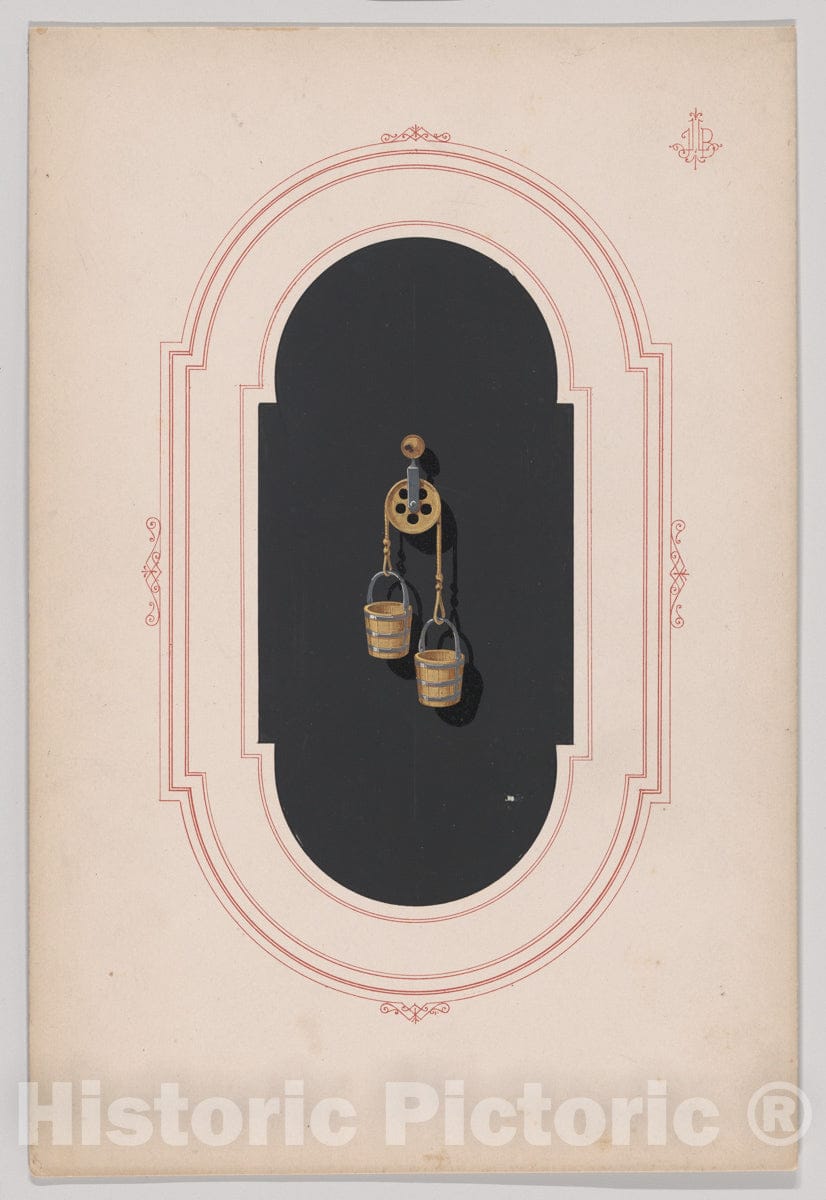Art Print : French, 19th Century - Design for a Gold Earring with Two Buckets and Pulley : Vintage Wall Art