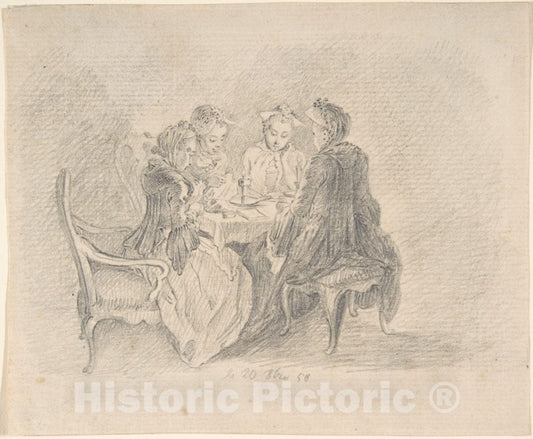 Art Print : Four Ladies Sitting Around a Table Occupied with Needlework - Artist: Daniel Nikolaus Chodowiecki - Created: 1758 : Vintage Wall Art
