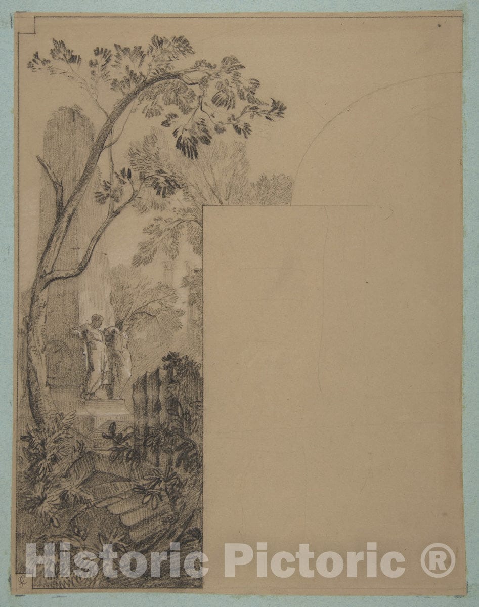 Art Print : Jules-Edmond-Charles Lachaise - Design for Mural Decoration Surrounding a Door: Landscape with Classical Ruins 1 : Vintage Wall Art