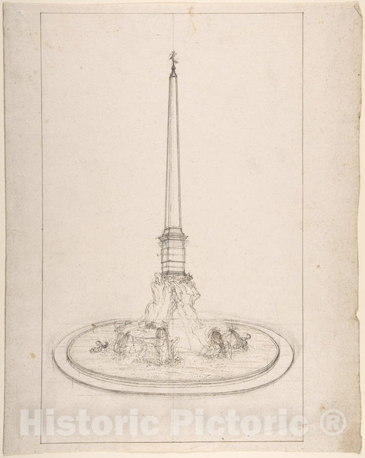Art Print : Italian, 18th to 19th Century - Fountain with Obelisk : Vintage Wall Art