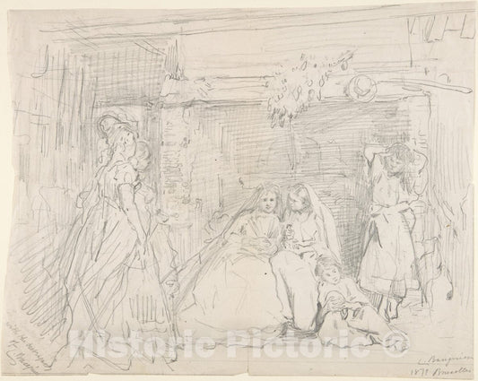Art Print : Charles Baugniet - Interior with Figures Before a Fireplace : Vintage Wall Art