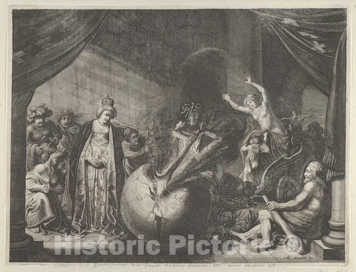 Art Print : Pieter Nolpe - Plate 9: Allegory on The Discord in France, from Caspar Barlaeus,Medicea Hospes : Vintage Wall Art