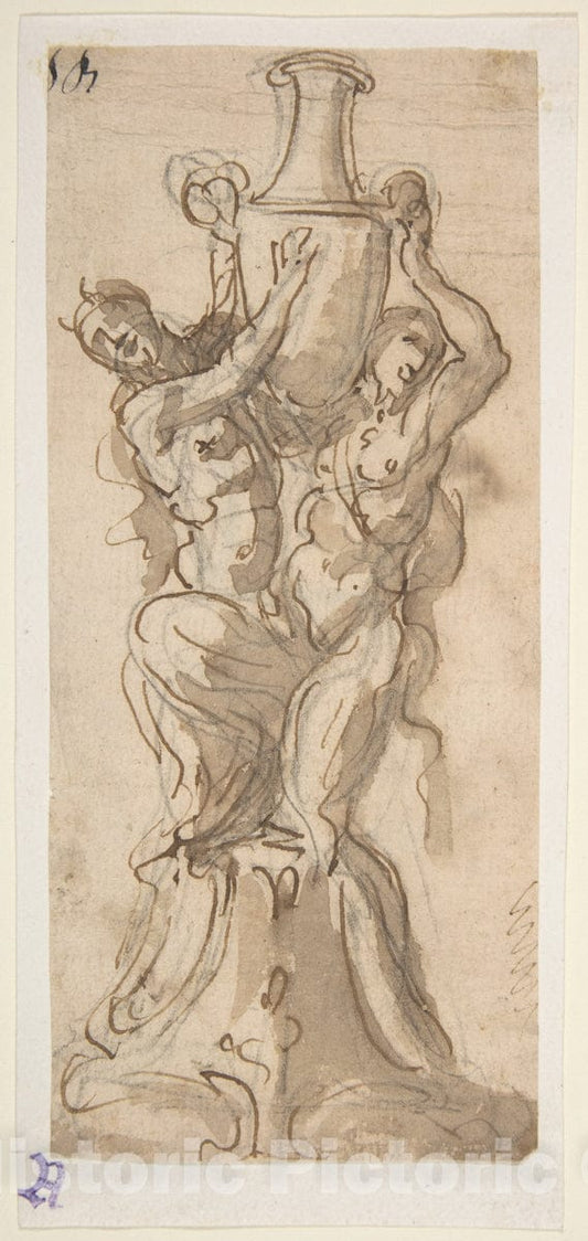 Art Print : Giovanni Battista Foggini - Design for a Statue consisting of a Satyr and Satyress Lifting a Vase : Vintage Wall Art