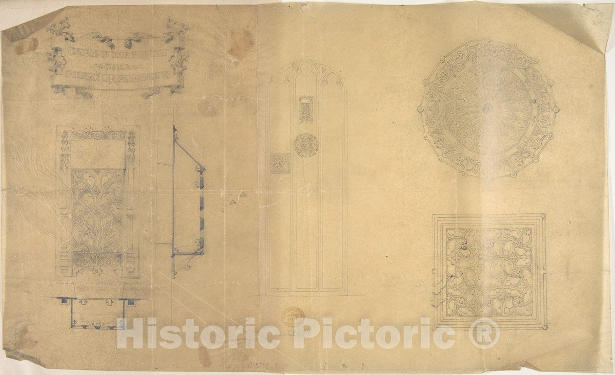 Art Print : British, 19th Century - Details of Door Furniture, St. George's Chapel, Windsor and Other Ornament : Vintage Wall Art