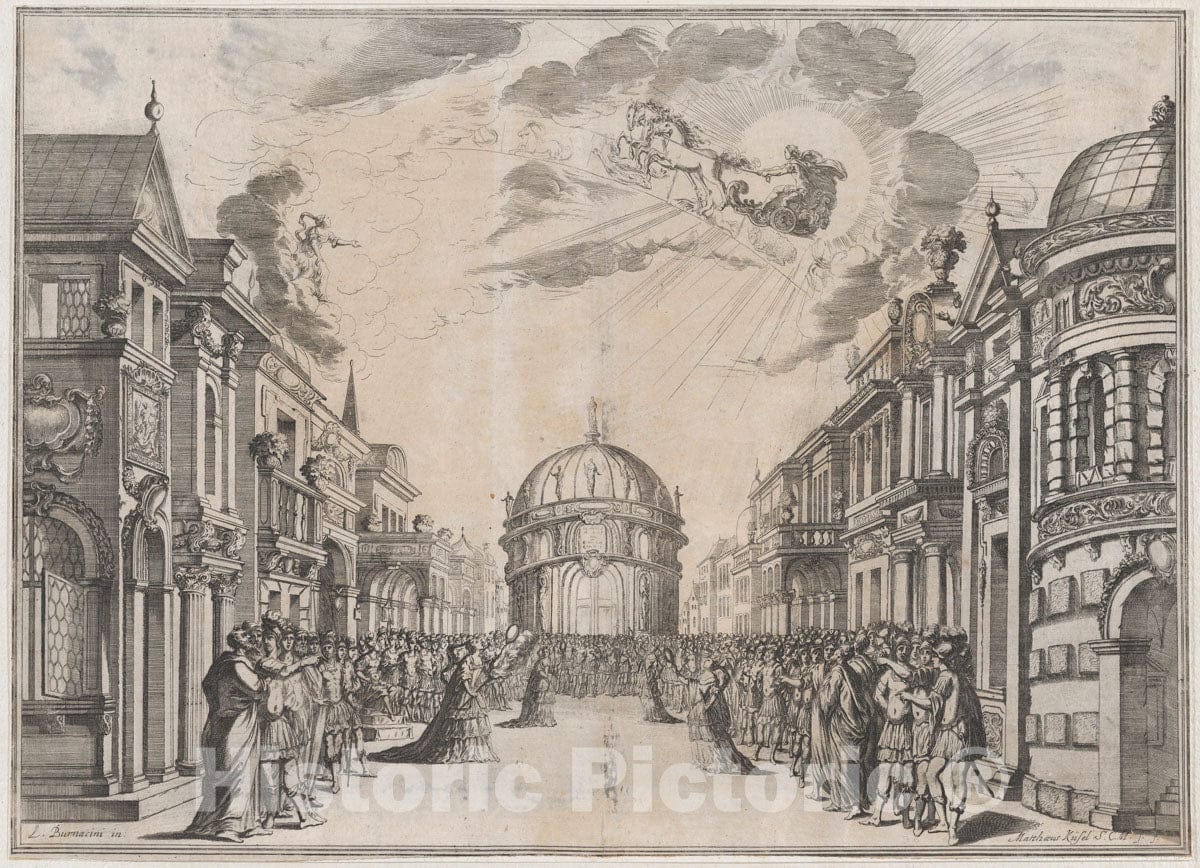 Art Print : A Large Gathering of People in The Street as a Goddess Races Across The Sky - Artist: Mathaus Kusel - Created: 1674 : Vintage Wall Art