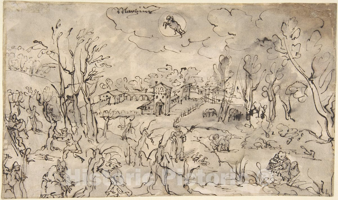 Art Print : Landscape with Figures Trimming Trees, an Allegory of The Month of March; Verso - Artist: Lodewijk Toeput (Called Pozzoserrato) - 17th Century : Vintage Wall Art