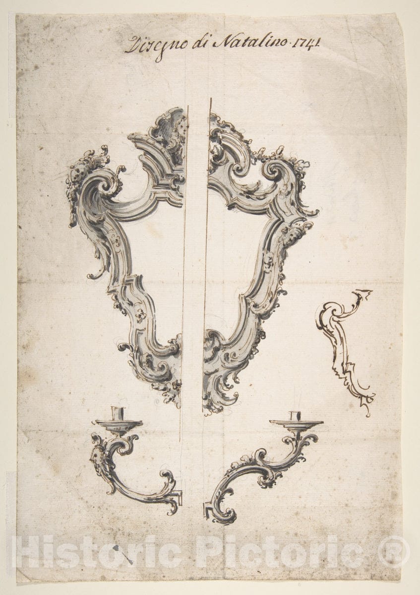 Art Print : Giovanni Battista Natali III - Designs for Mirror Frames and Sconces : Vintage Wall Art