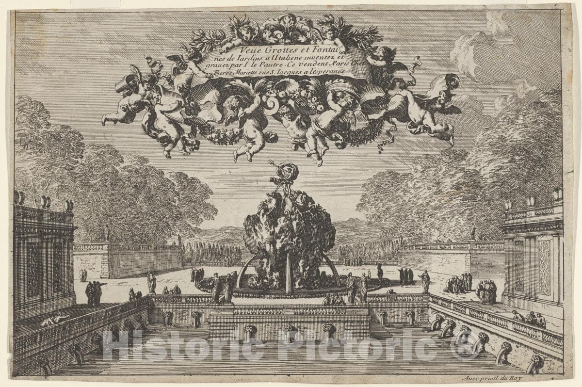 Art Print : Jean Le Pautre - View of a Garden with a Water Basin and Large Fountain, Title Page from: Grottes et fontaines de jardins à l'italienne : Vintage Wall Art