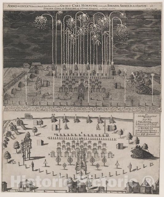 Art Print : Pyrotechnic Design by Georg Carl Hornung - Fireworks on The Schiessplatz, Nuremberg, June 22, 1665 : Vintage Wall Art
