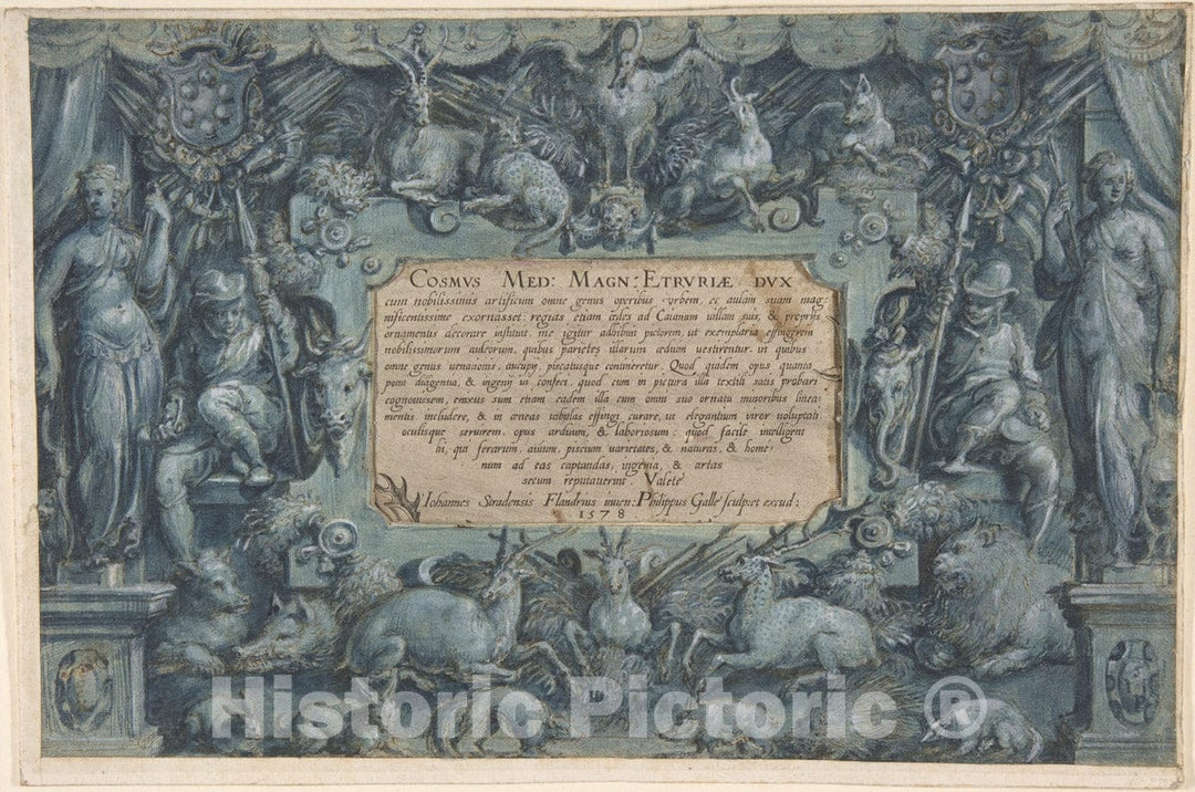 Art Print : Jan Van der Straet, Called Stradanus - Design for a Frontispiece with The Medici Arms : Vintage Wall Art