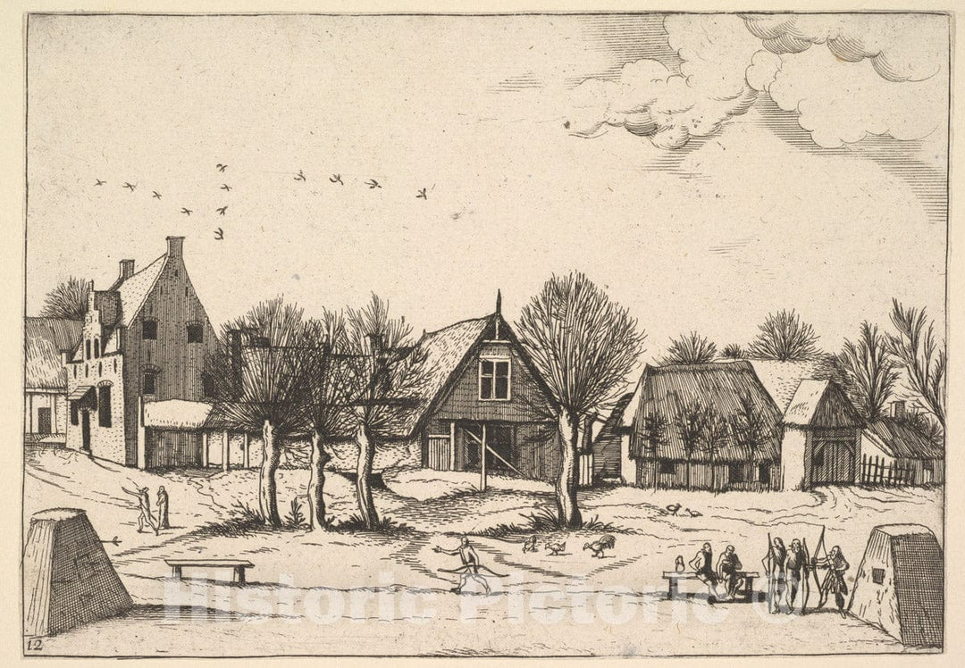 Art Print : Johannes Van Doetecum The Elder - Country Village, Archers in The Foreground from Multifariarum casularum ruriumque lineamenta curiose ad vivum expressa : Vintage Wall Art