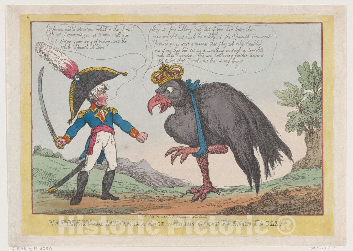 Art Print : Thomas Rowlandson - Napoleon The Little in a Rage with His Great French Eagle!! : Vintage Wall Art