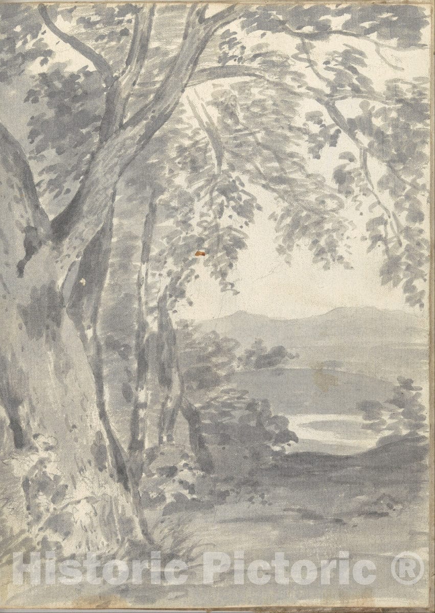 Art Print : Joseph Wright (Wright of Derby) - Landscape with Trees and Distant Hills (Smaller Italian Sketchbook, Leaf 37 Recto) : Vintage Wall Art