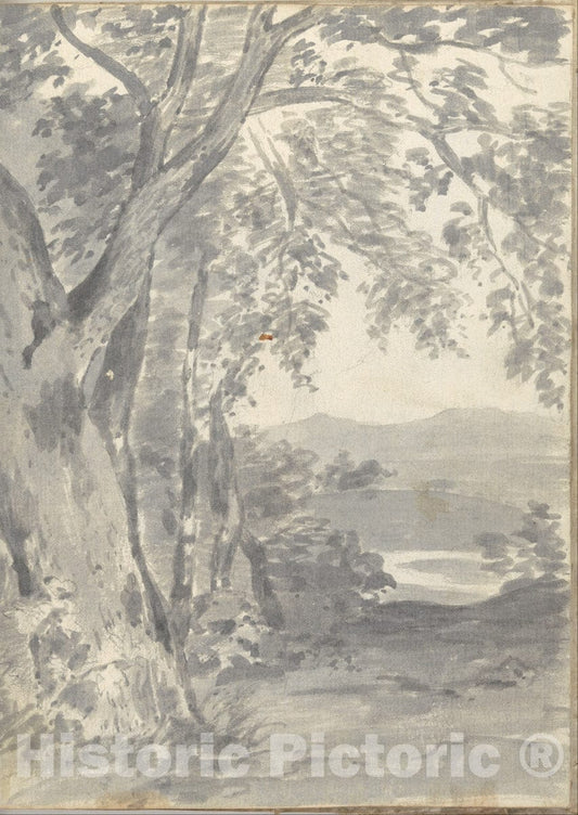 Art Print : Joseph Wright (Wright of Derby) - Landscape with Trees and Distant Hills (Smaller Italian Sketchbook, Leaf 37 Recto) : Vintage Wall Art