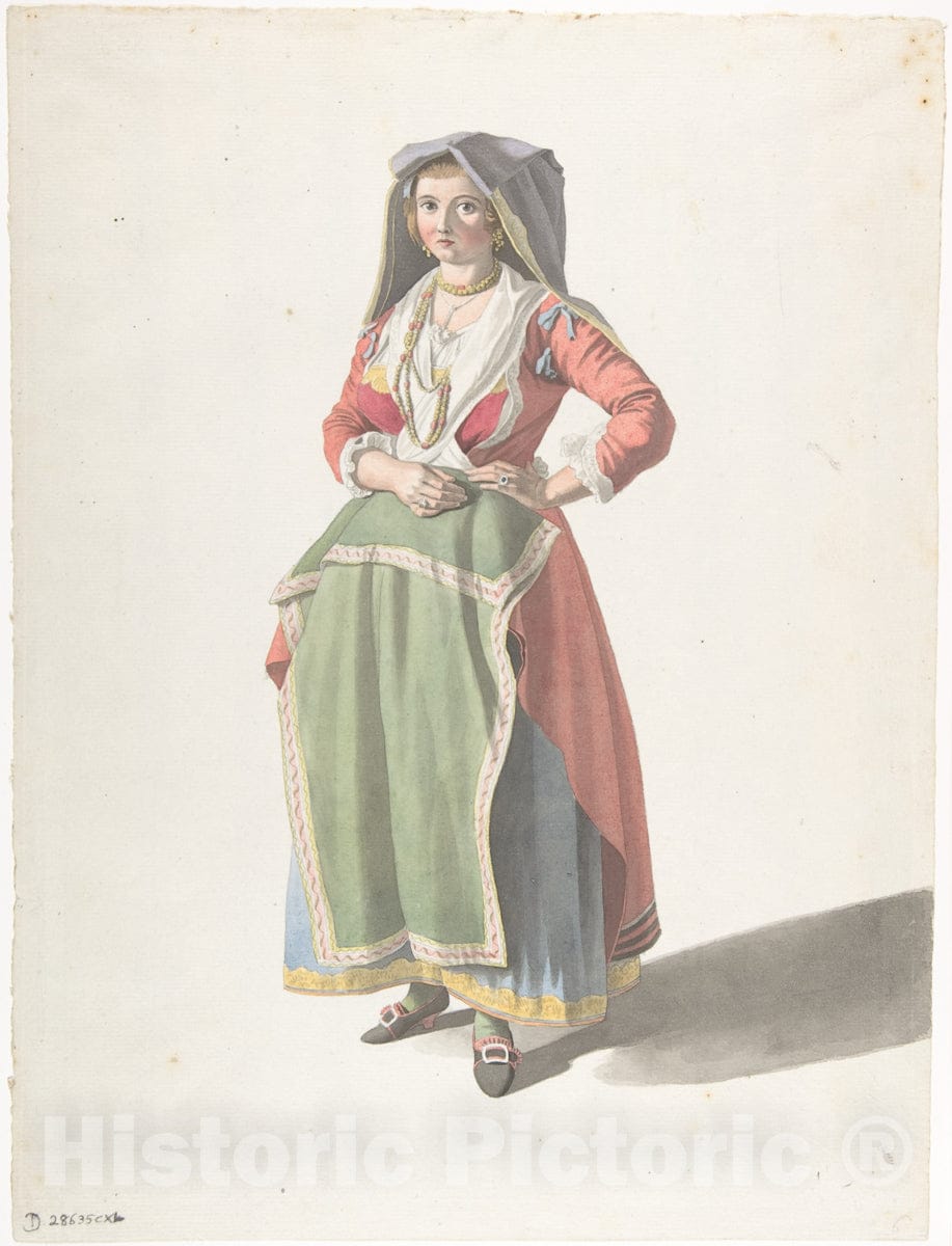 Art Print : Giovanni Battista (Titta) Lusieri - Young Woman Standing in Traditional Neapolitan Dress : Vintage Wall Art