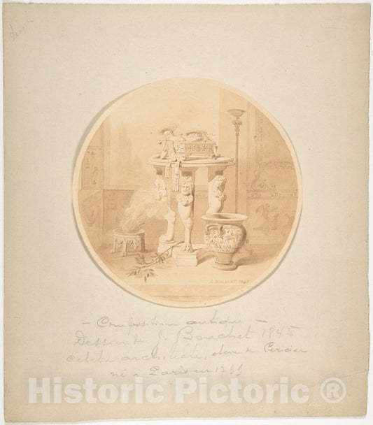 Art Print : Jules-Frédéric Bouchet - Circular Drawing of a Classical Interior with Fire in Brazier, Greek Vase and Circular Tripod Table : Vintage Wall Art