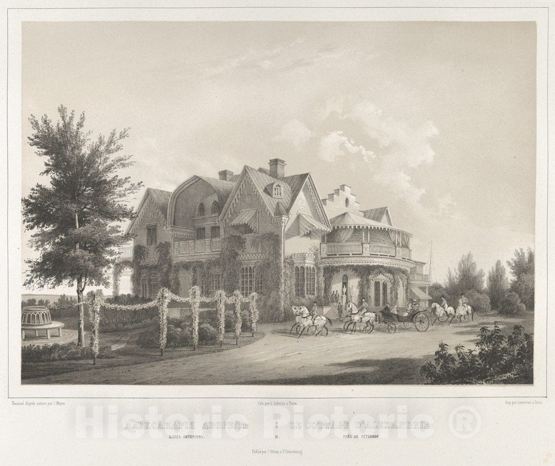 Art Print : J. Meyer - Le Cottage D'Alexandrie près de Péterof, from The Series Vues pittoresques des Palais & jardins impériaux aux Environs de St. Petersbourg : Vintage Wall Art