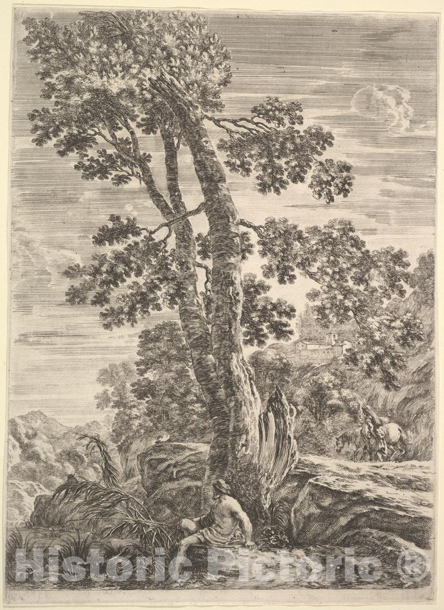 Art Print : A Fisherman at Center Facing Left and Leaning Against a Large Tree - Artist: Stefano Della Bella - Created: c1652 : Vintage Wall Art