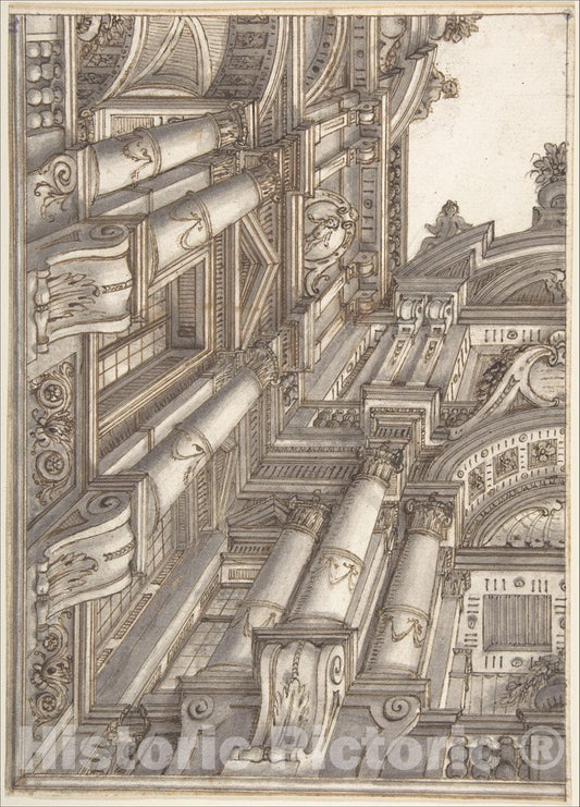 Art Print : Ferdinando Galli Bibiena - Foreshortened or Trompe L'Oeil View of The Architecture Surrounding a Courtyard : Vintage Wall Art