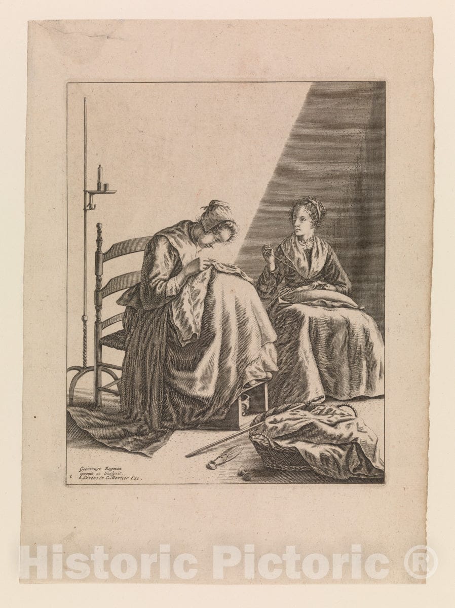 Art Print : Geertruydt Roghman - Two Women Sewing, Plate 1 from Five Feminine Occupations : Vintage Wall Art