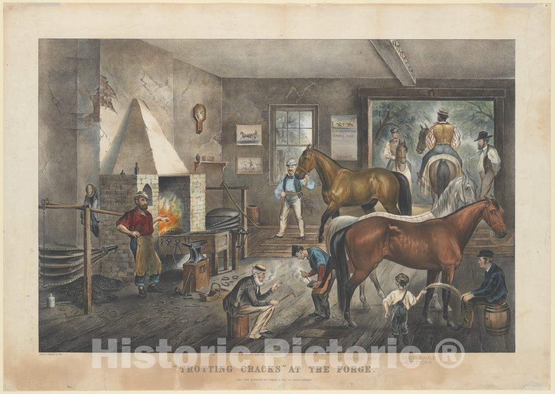 Art Print : Currier & Ives - Trotting Cracks at The Forge : Vintage Wall Art