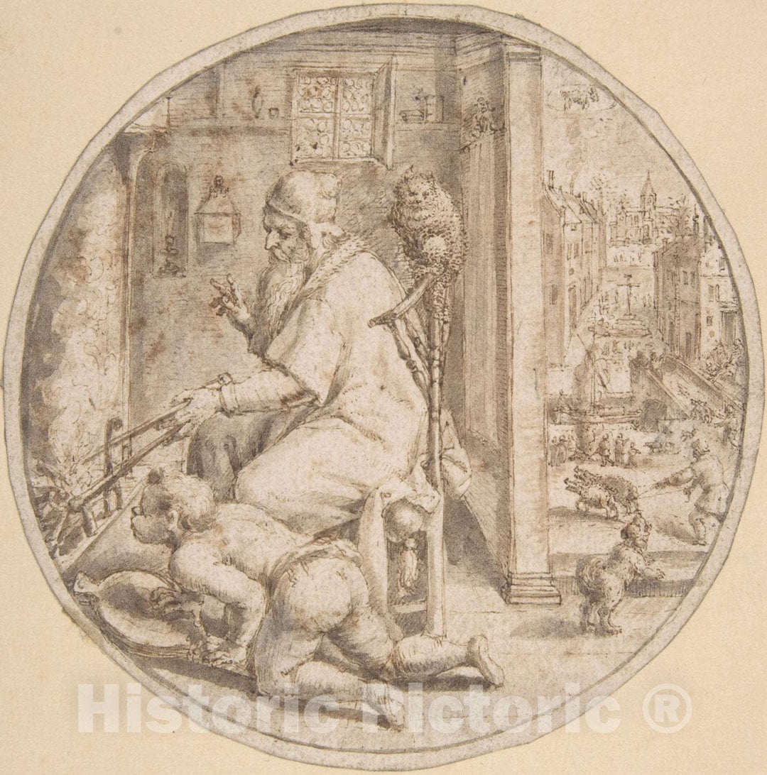 Art Print : Crispijn de Passe The Elder - December: and Old Man Seated by a Hearth with a Young Man Blowing on The Fire : Vintage Wall Art