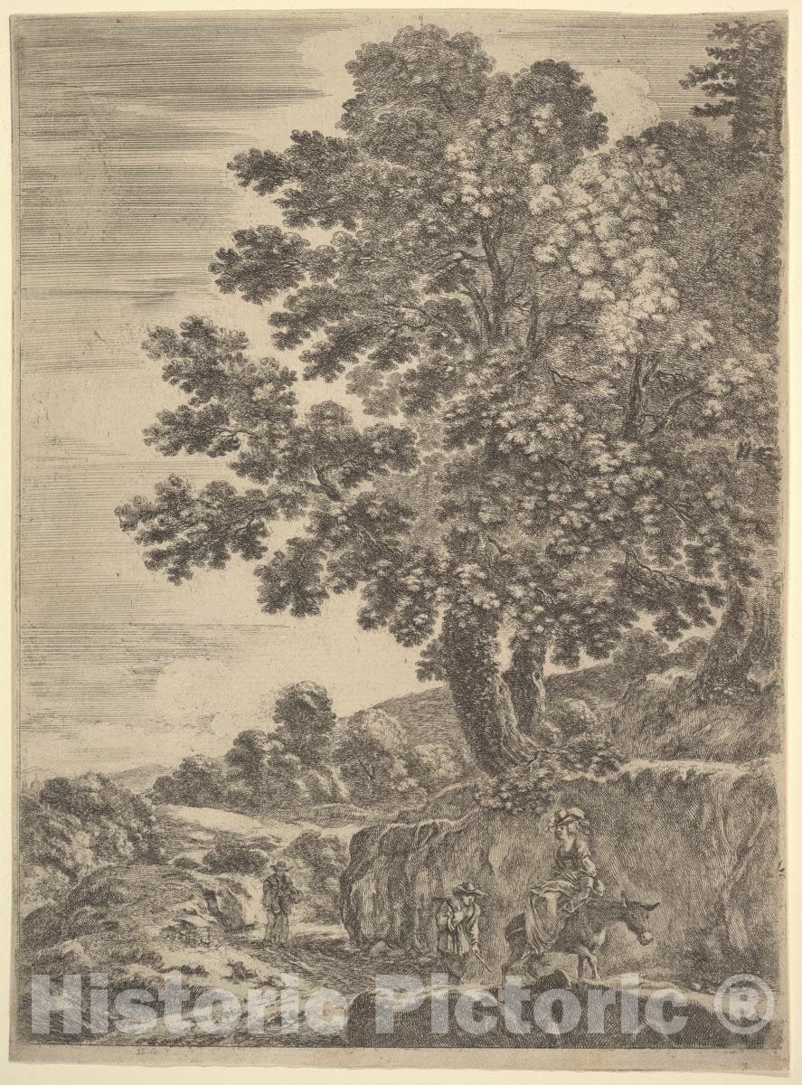 Art Print : A young woman seated on a donkey wearing a hat with a feather - Artist: Stefano della Bella - Created: c1652 : Vintage Wall Art