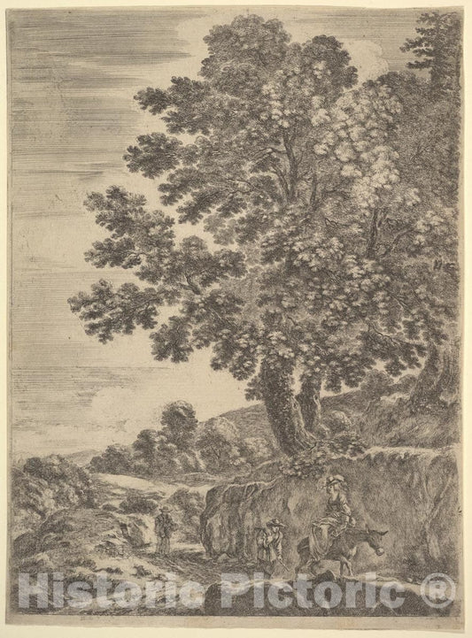 Art Print : A young woman seated on a donkey wearing a hat with a feather - Artist: Stefano della Bella - Created: c1652 : Vintage Wall Art