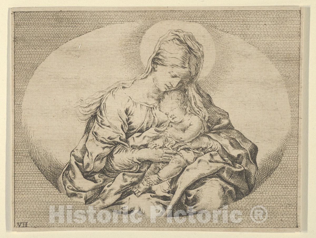 Art Print : Anonymous, 17th Century - The Virgin Holding The Infant Christ, an Oval Composition, After Reni 1 : Vintage Wall Art