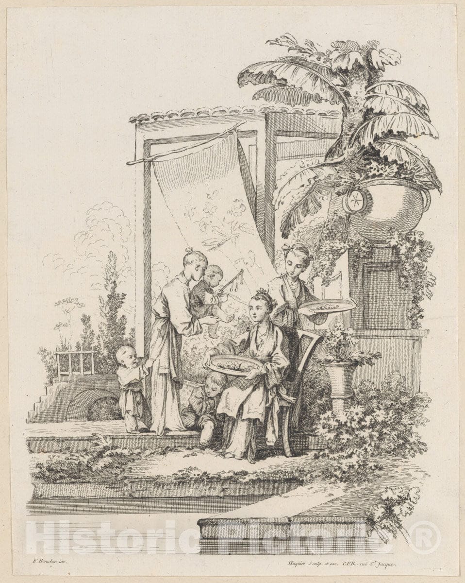 Art Print : Gabriel Huquier - Seated Woman with Children and Servants : Vintage Wall Art
