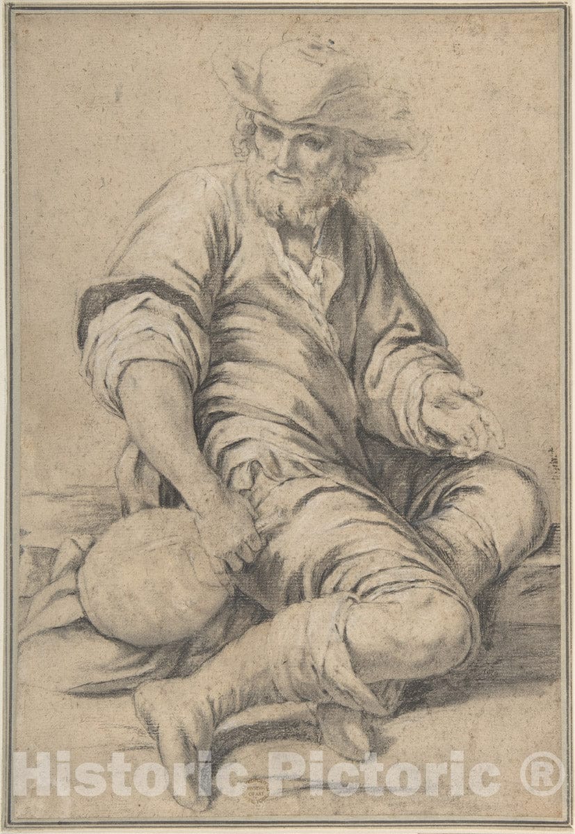 Art Print : Italian, Roman-Bolognese, 17th Century - Seated Man Holding a Jug : Vintage Wall Art
