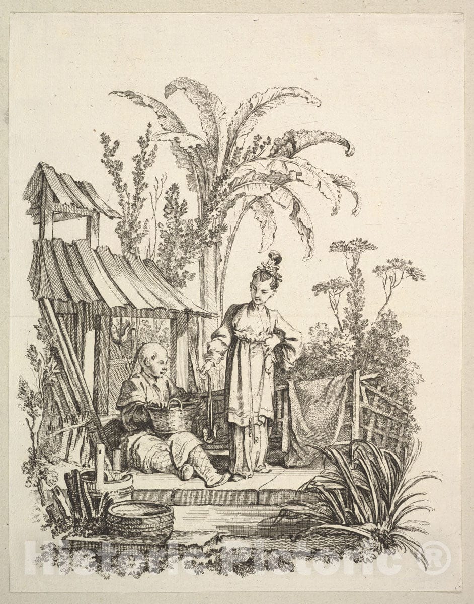 Art Print : Gabriel Huquier - A Seated Chinese Man and a Woman Carrying a Fish : Vintage Wall Art