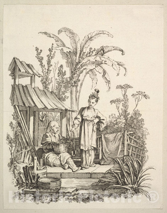 Art Print : Gabriel Huquier - A Seated Chinese Man and a Woman Carrying a Fish : Vintage Wall Art