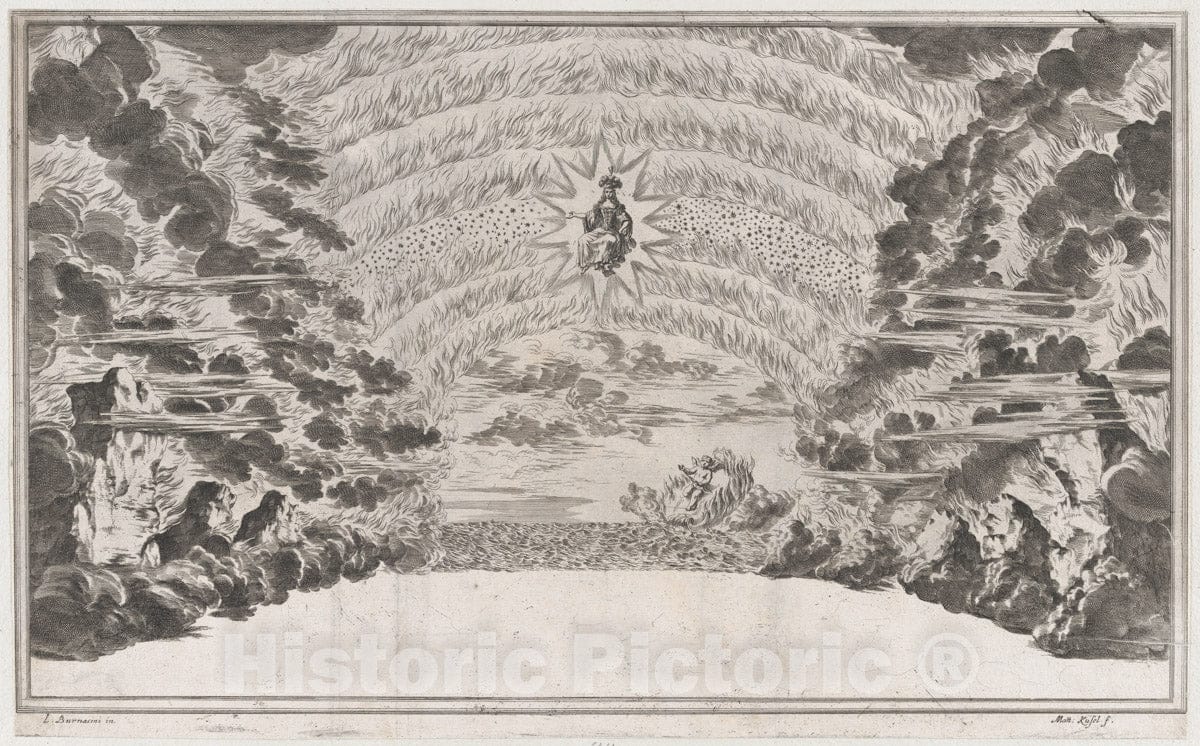 Art Print : Mathäus Küsel - A female figure in glory at center, surrounded by burning rocks; below Cupid sailing on a burning chariot : Vintage Wall Art