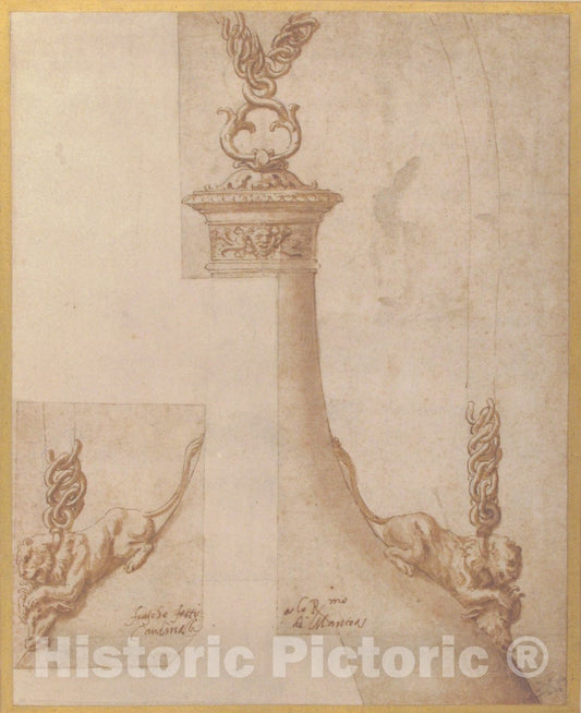 Art Print : Giulio Romano - Design for a Flask with Chain Handles : Vintage Wall Art