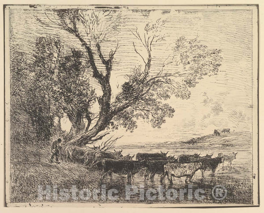 Art Print : Charles-François Daubigny - Cattle Crossing at The Ford : Vintage Wall Art