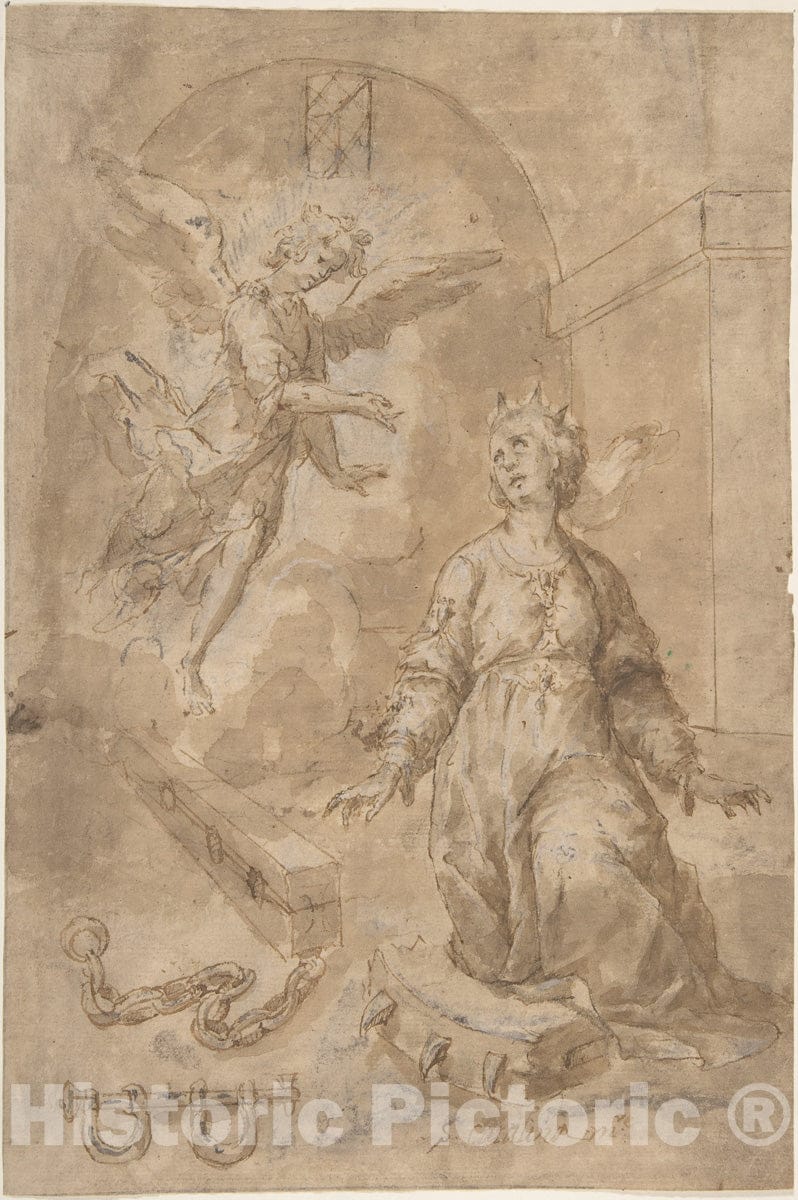 Art Print : Spanish, School of Seville, 17th Century - an Angel Appearing to Saint Catherine of Alexandria in Prison : Vintage Wall Art