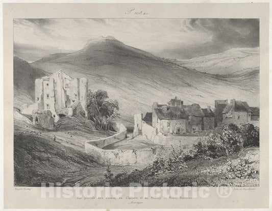 Art Print : Eugène Isabey - General View of Castle Ruins and of The Village of Saint-Necataire : Vintage Wall Art