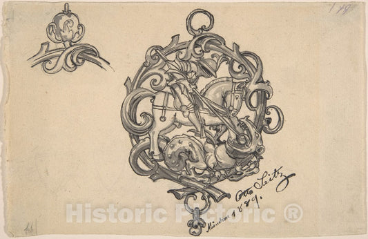 Art Print : Otto Seitz - Design for a Pendant with St. George and The Dragon : Vintage Wall Art