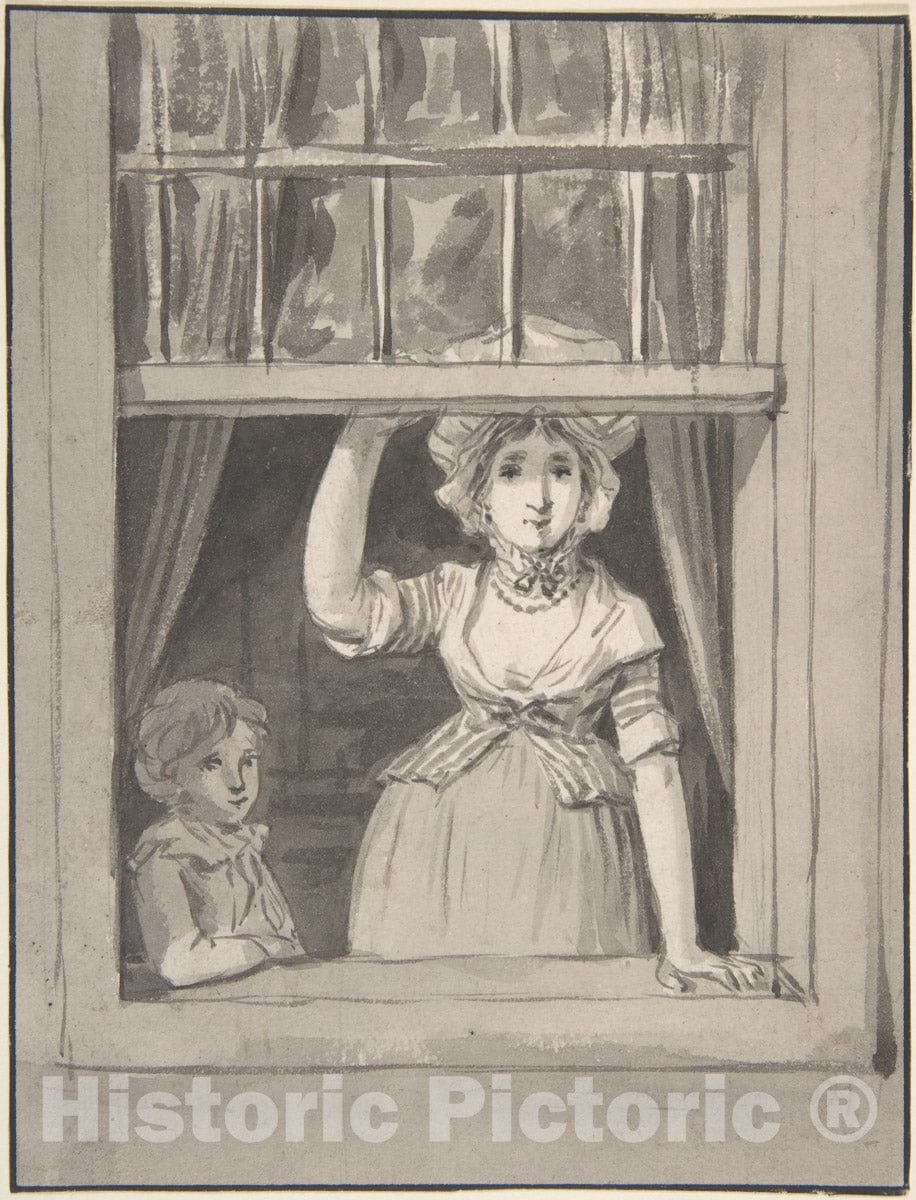 Art Print : Anthonie Andriessen - A Woman Standing at an Open Sash Window, a Small Boy Beside Her : Vintage Wall Art