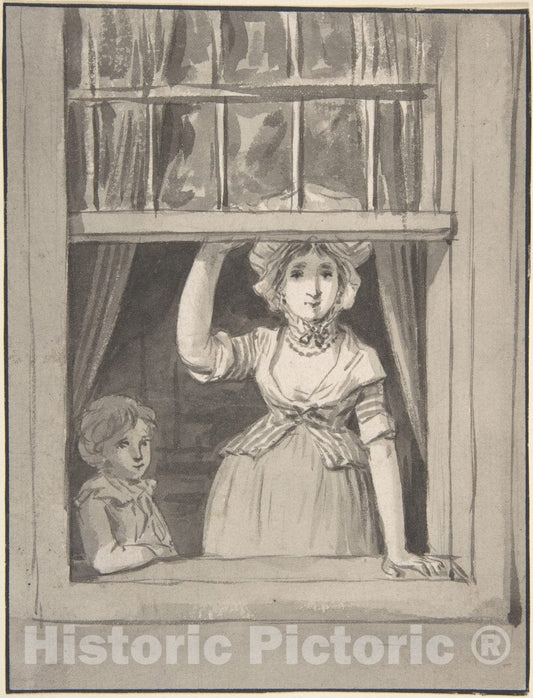 Art Print : Anthonie Andriessen - A Woman Standing at an Open Sash Window, a Small Boy Beside Her : Vintage Wall Art