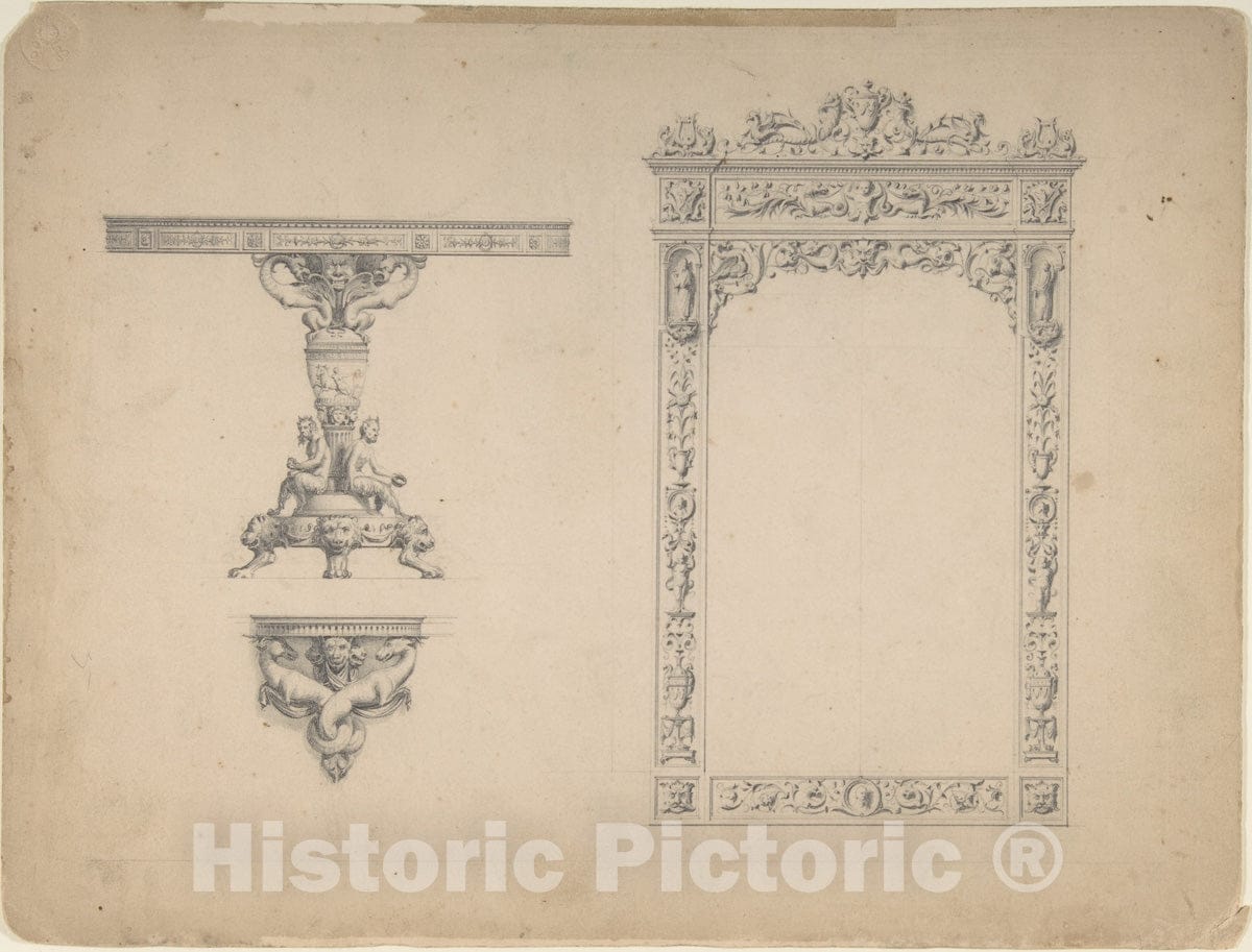 Art Print : Italian, 19th Century - Designs for a Mirror Frame and Table : Vintage Wall Art