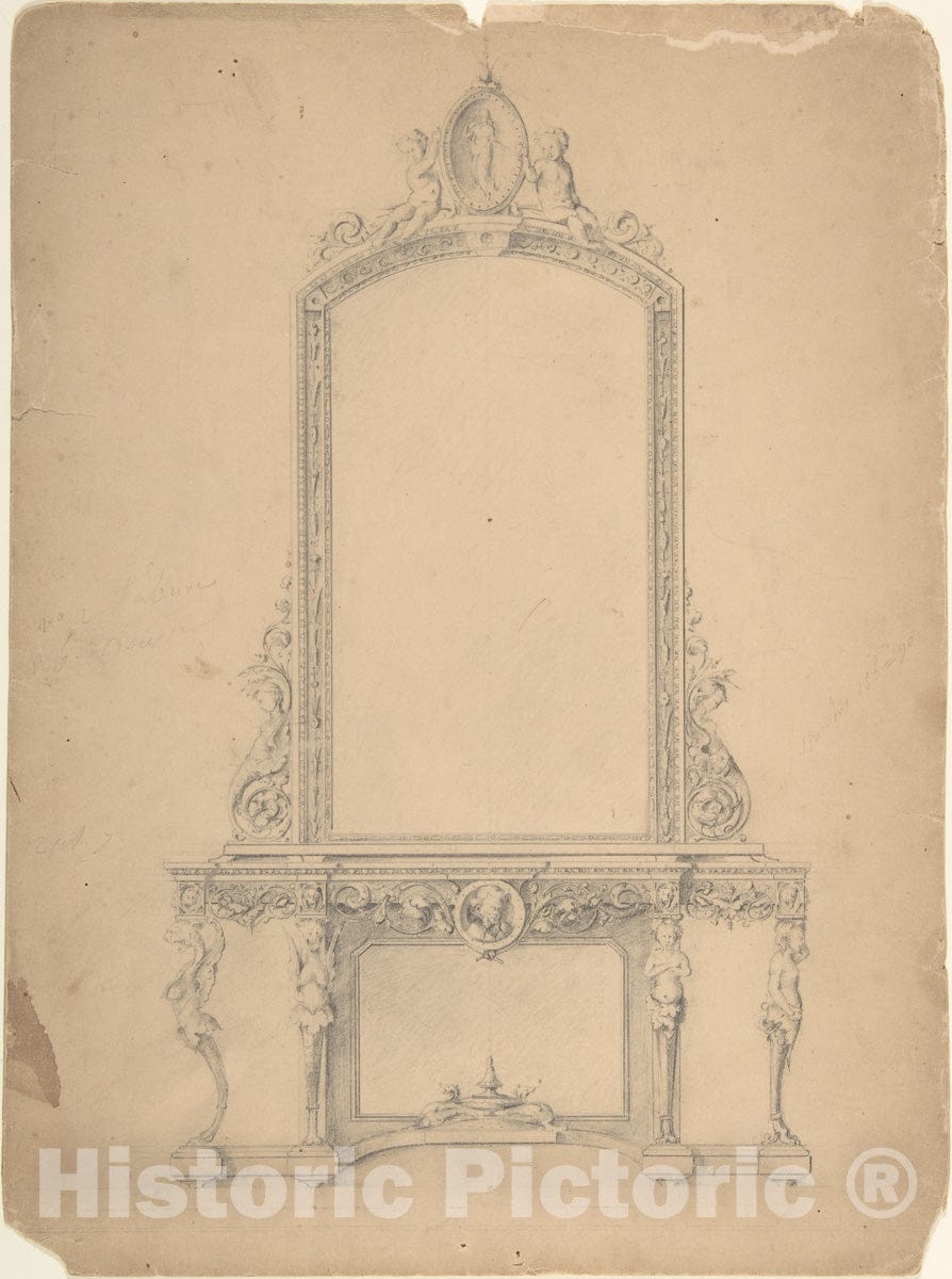 Art Print : Italian, 19th Century - Design for a Mirror 1 : Vintage Wall Art
