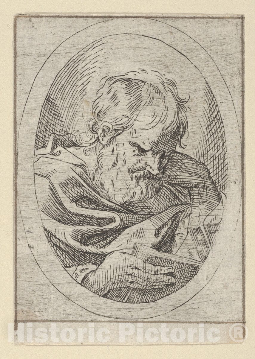 Art Print : An apostle resting his head on his left hand and reading a book, in an oval frame, from Christ, the Virgin, and Thirteen Apostles - Guido Reni - C1600 : Vintage Wall Art