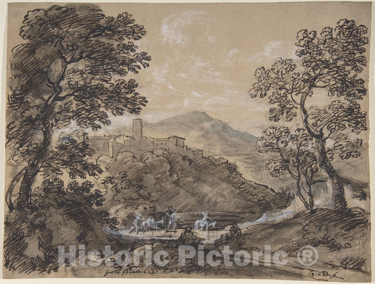 Art Print : Johann Georg von Dillis - Hilly Landscape with Travellers : Vintage Wall Art