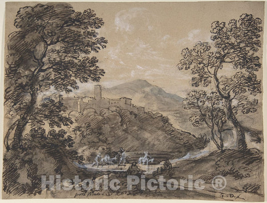 Art Print : Johann Georg von Dillis - Hilly Landscape with Travellers : Vintage Wall Art