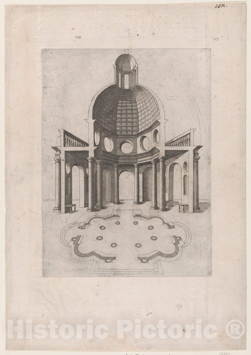 Art Print : Anonymous - Speculum Romanae Magnificentiae: Interior and Ground Plan of an ogtagonal Temple : Vintage Wall Art