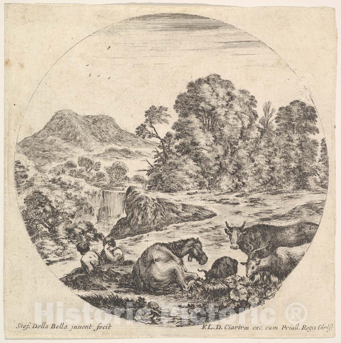 Art Print : Plate 10: a Horse Lying Down in Center - Artist: Stefano Della Bella - Created: c1643 : Vintage Wall Art