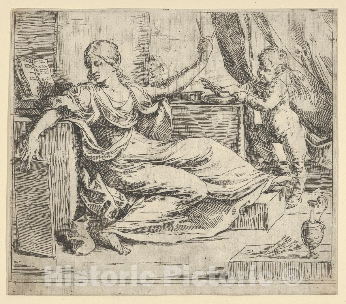 Art Print : Guido Reni - Seated Woman Holding a Tablet and Compass (Allegory of Learning), a Winged putto at Right : Vintage Wall Art